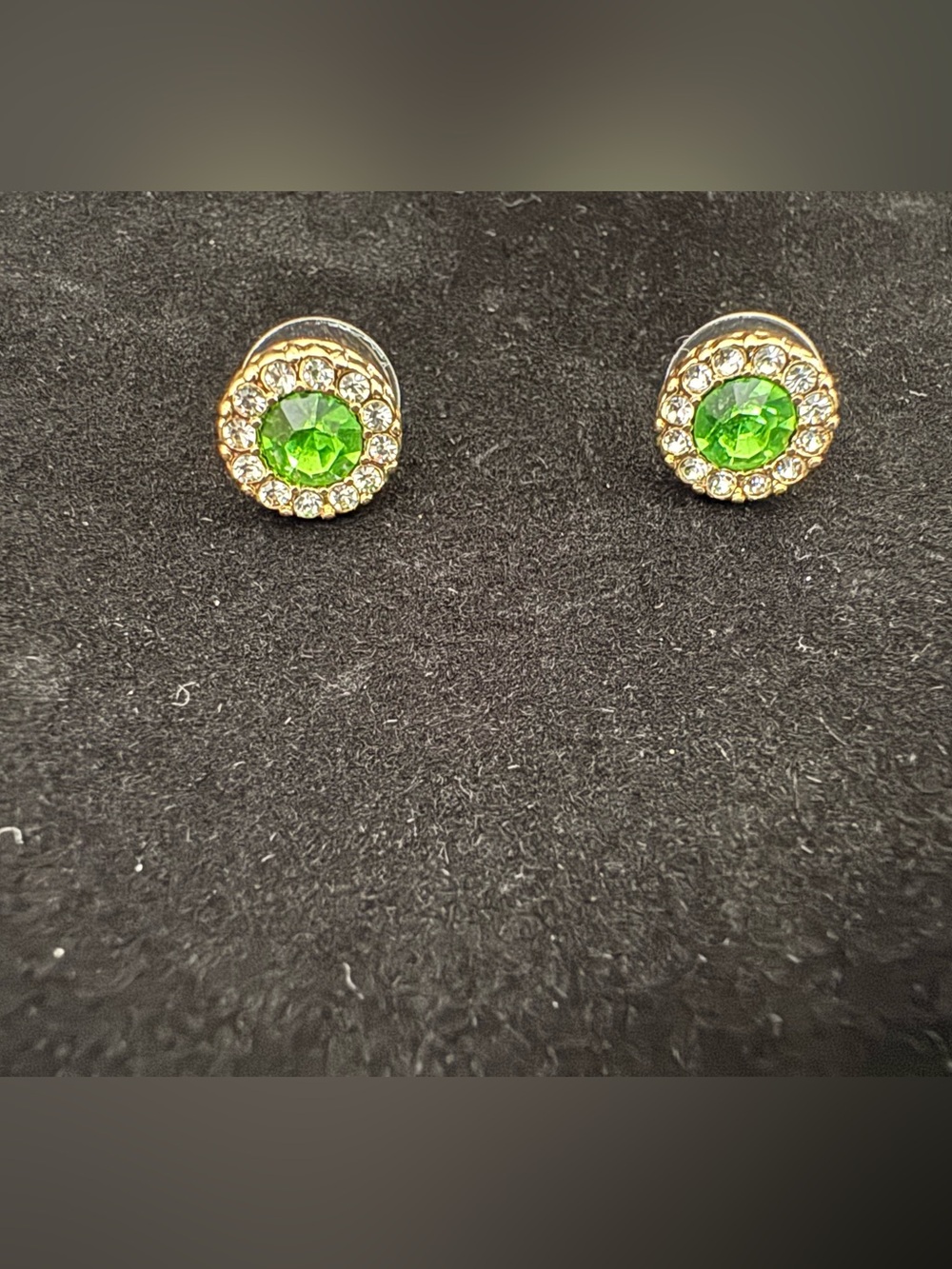 Fashion Jewelry Gold-Tone Stud Earrings with Bright Green Crystal Halo